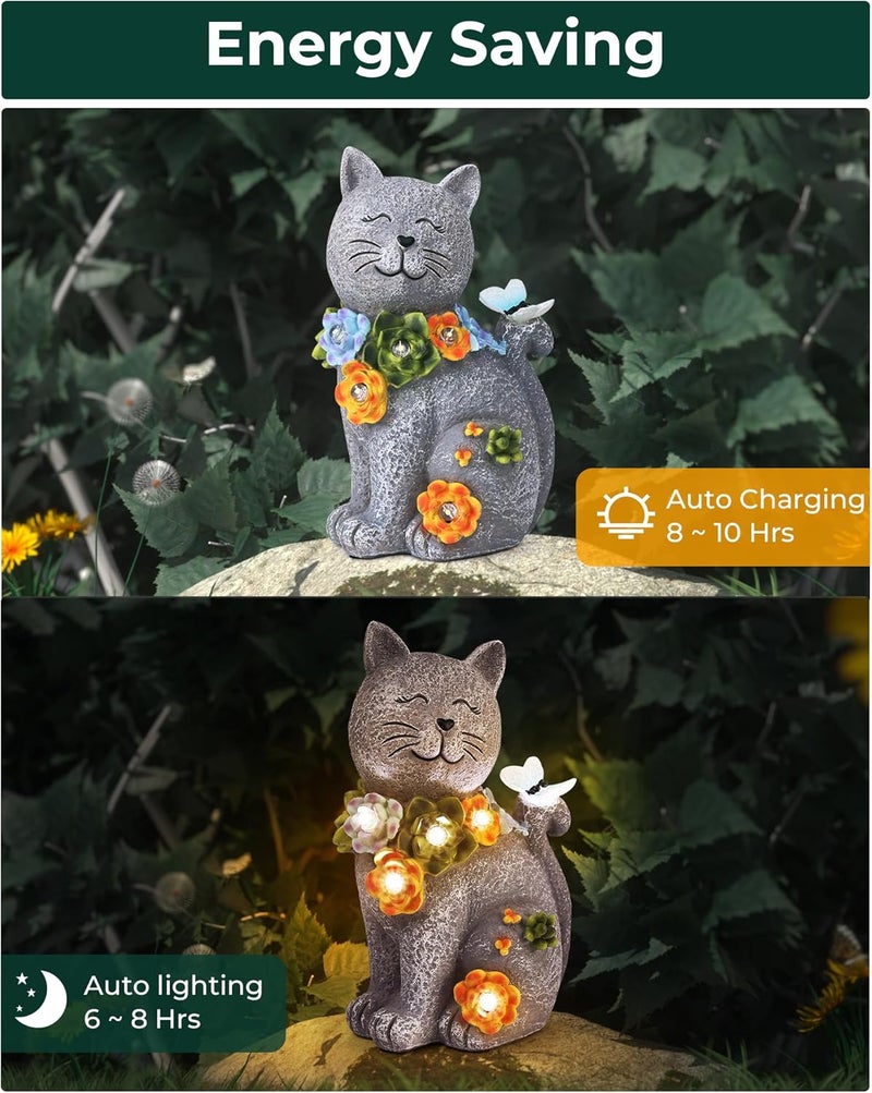 Vuees Solar Garden Statues Outdoor Decor, 6 LED Cat Flowers Butterfly Figurine Lights, Waterproof for Balcony Patio Porch Lawn Yard Ornament Art - Gift Ideas for Housewarming Gardening Grandma Women - Image 5